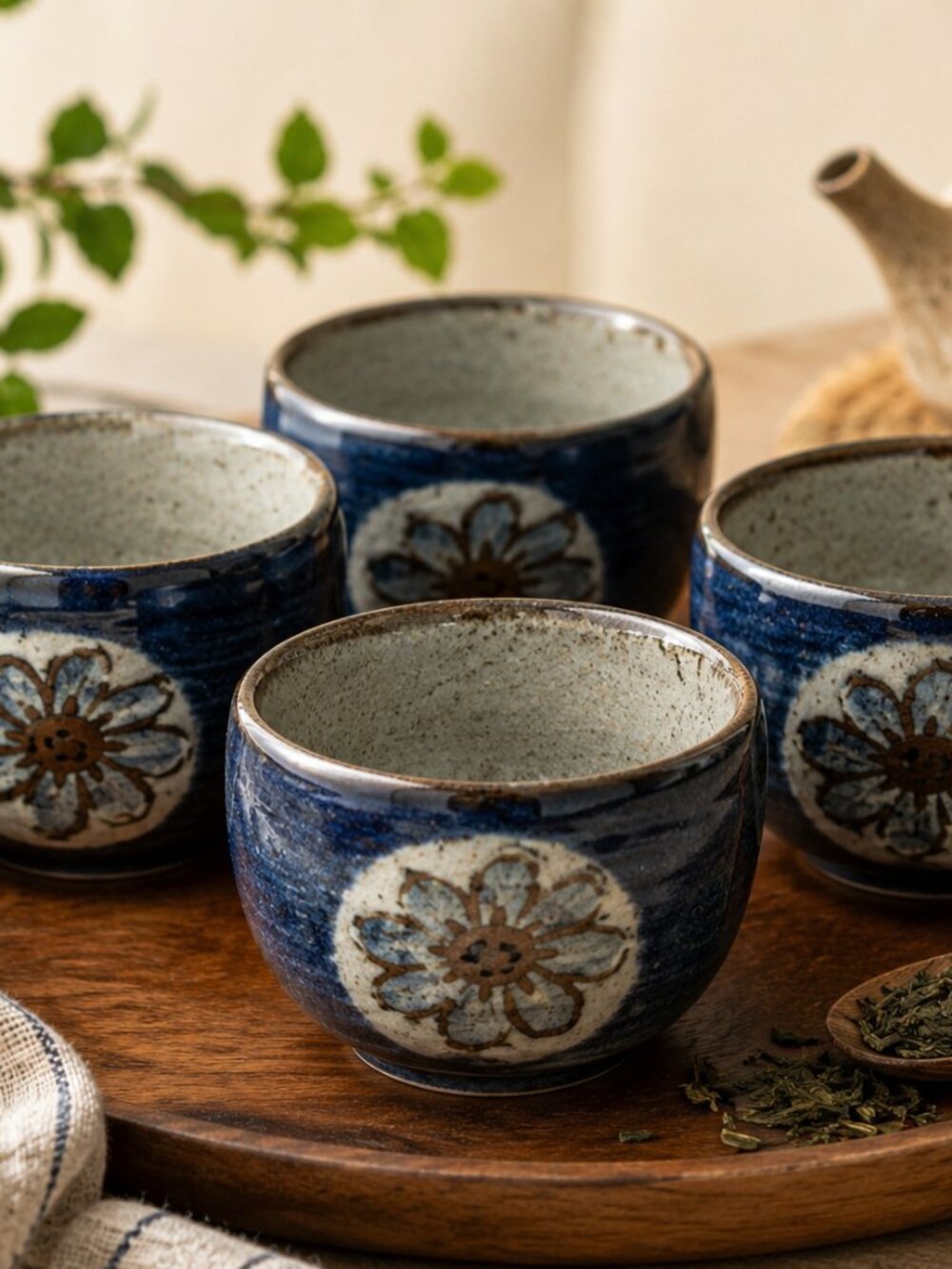 Vintage Japanese Yunomi Tea Cups Set 4 Cobalt Blue Stoneware Floral Handmade